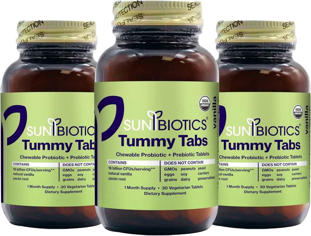 SUNBIOTICS Tummy Tab - SUNOTIS Probiotic dan Prebiotic Tablet dengan 18 Milyar CFU dari 4 Strains Probiotik untuk Good Gut Flora, Simiune System, & balanced Microbiome - Vanilla, (Paket 3)