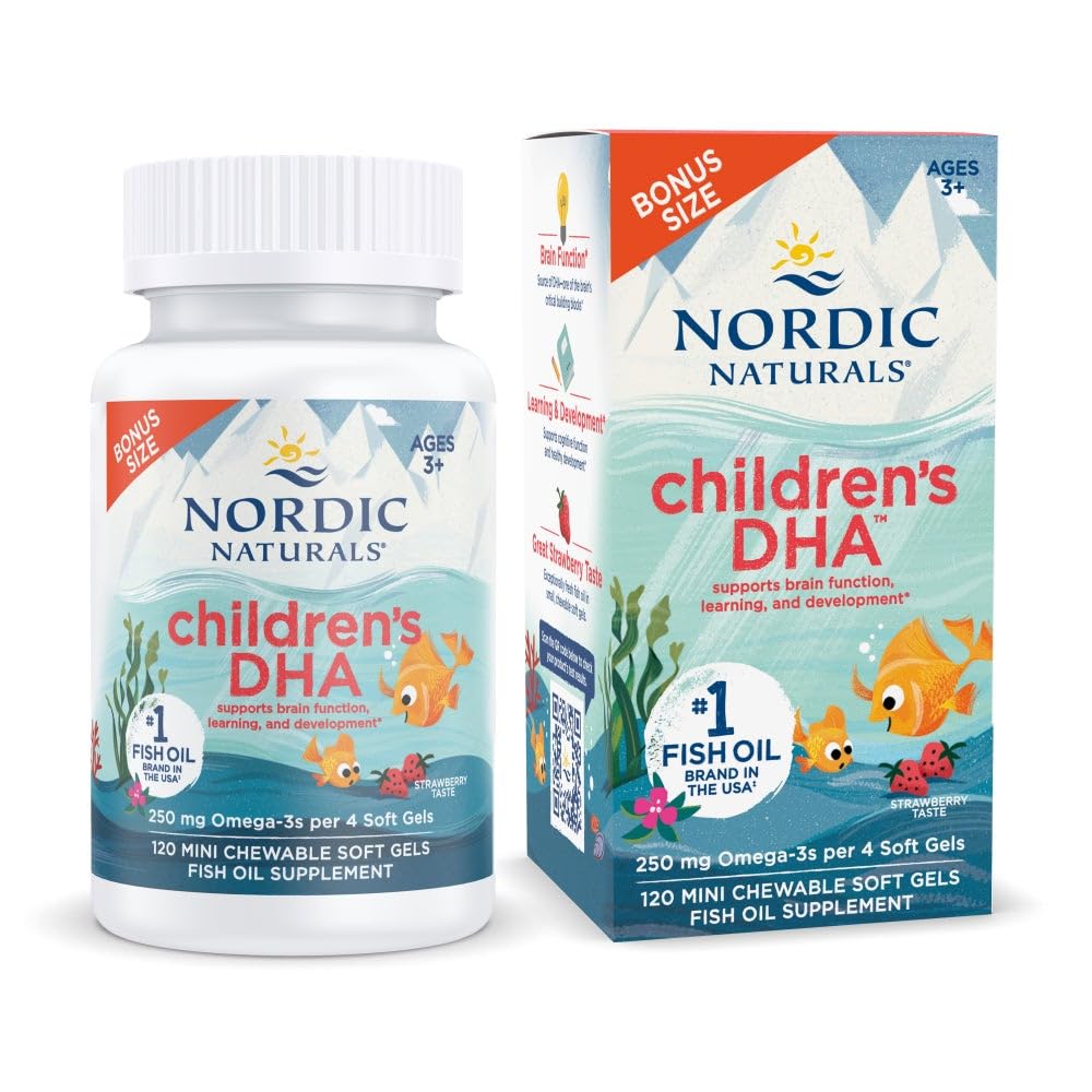 Nordic Descenals Children 's DHA, Strawberry - 120 Mini Chewable Soft Gels for Kids - 250 mg Omega -3 dengan EPA & DHA - Pembangunan Otak & Fungsi