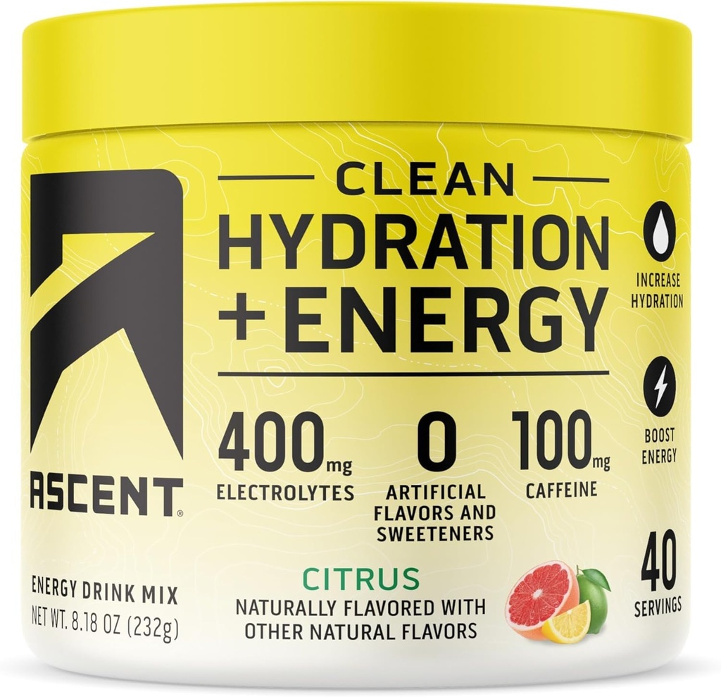 Ascent Clean Hydration + Energy Electrolytes Powder - 100mg Caffeine, 400mg Electrolites, Tidak ada Ingrediers Articial, Citrus 40 Servings