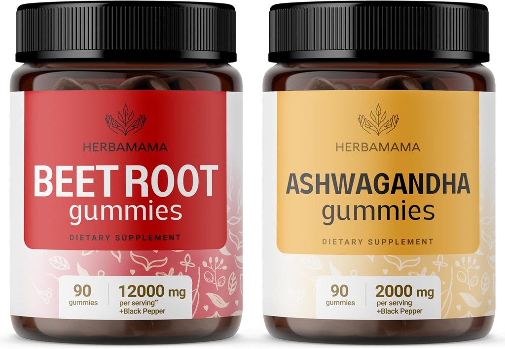 HERBAMAMA Beet Root dan Ashwagandha Kit - Bundle of 12000 met Beet Root with Black Pepper & 2000 mg Ashwagandha Root Gummies - Vegan, Glatin- Free, Non-GMO