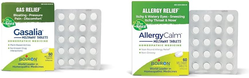 Boiron Gasalia Tablet 60 Count and AllergyCalm Tablet 60 Count for Relief from Gas, Bloating, Allergies, and Hay Fever