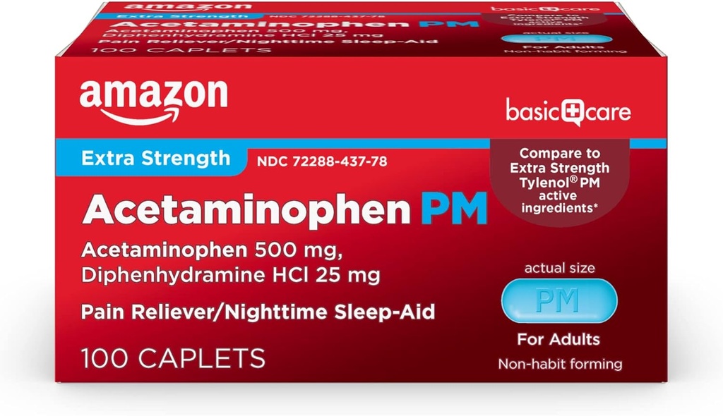 Caplet PM Care Acetaminophen, Reliever Plus Nighttime Sleep Aid, Extra Strength, Helling Occasional Minor Aches, Pains dan Headache Relief, 100 Count, paket mungkin bervariasi
