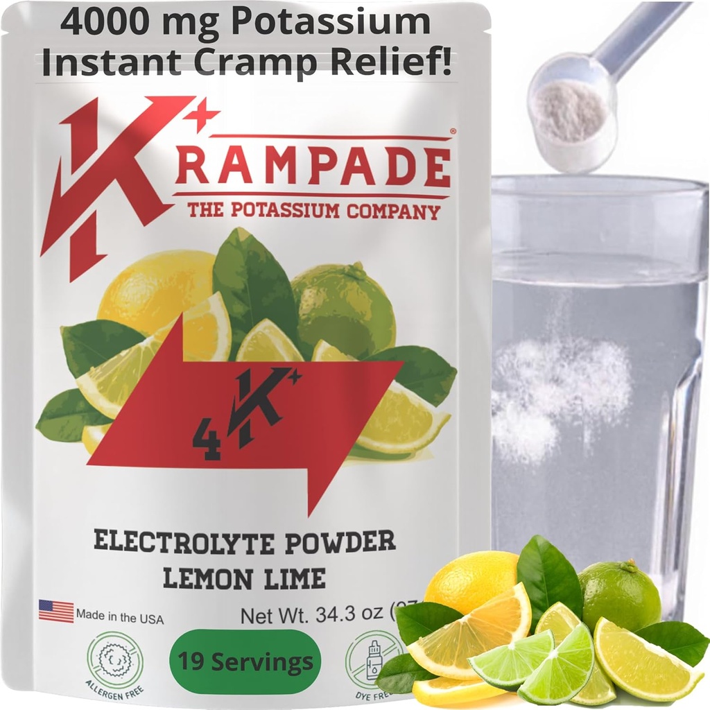 Krampade Original Lemon Lime 4K, 4000 mg Potasium Instant Crimp Relief Electrolite Drink Powder 124; Dirancang untuk Atlit dan Crampers 124; 19- Serving Presable Pouch