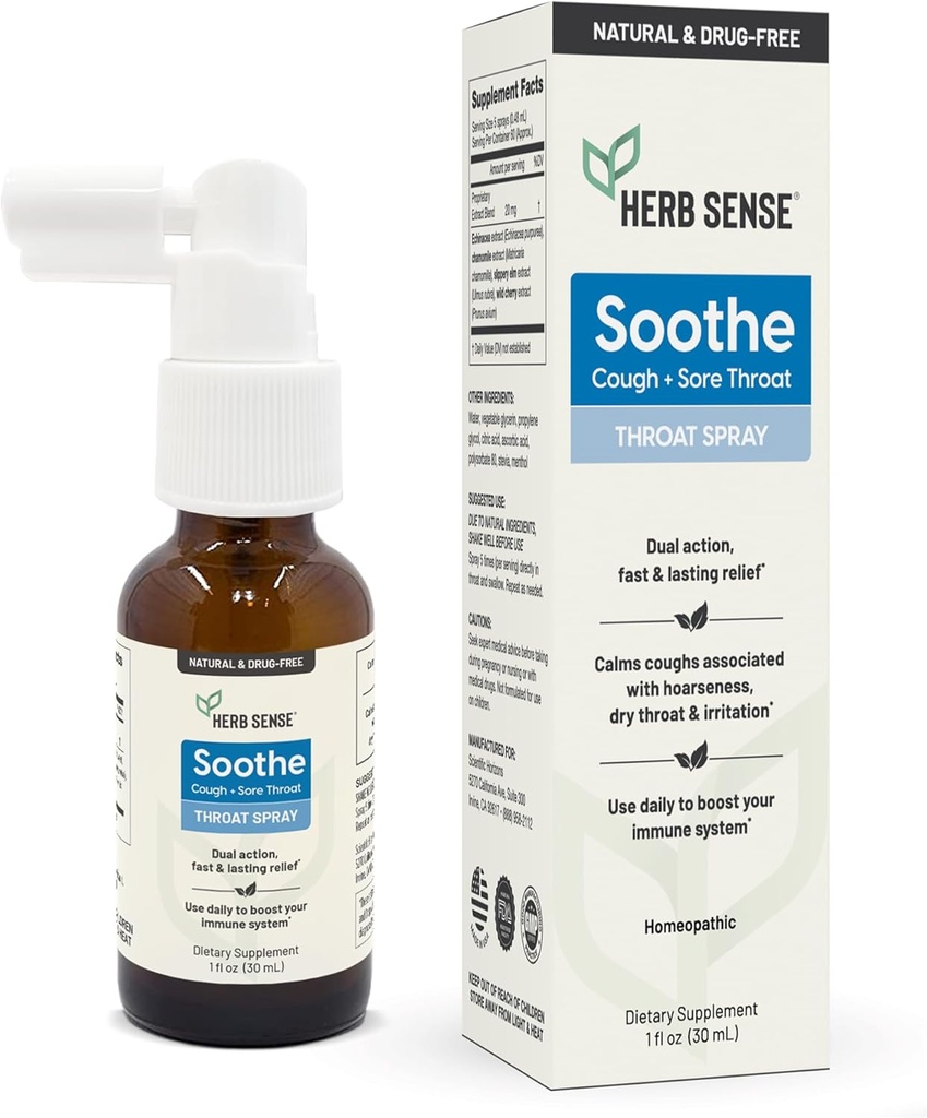 Herb Sense Throat Comfort Comfort Spray 124; Cooling & Coothing with Slippery Elm, Echinacea & Chamomile = 124; Natural Extracts (1 fli oz)