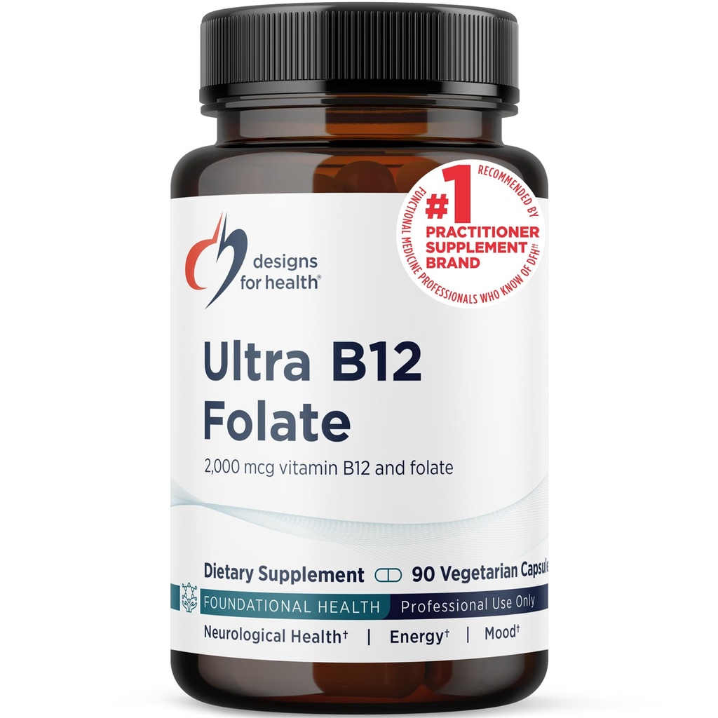 Design for Health Ultra Methylated B12 + Metil Folate - Vitamin B12 Methylcobalamin dan Folt Suplemen, Adenosylcobalamin & 5- MTHF untuk Nerve, Cellular Energy + Methylation Dukungan (90 Katup)