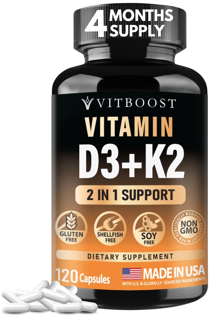 VITBOOST Vitamin D3 K2 Complex - Easy to Swallow - Vitamin D (D3) 5000 IU (125 mcg) & K2 (MK-7) 90 mcg 124; Nor - GMO 124; Gluten- Free Gibber4; USA Made 124; 120 Kapsul
