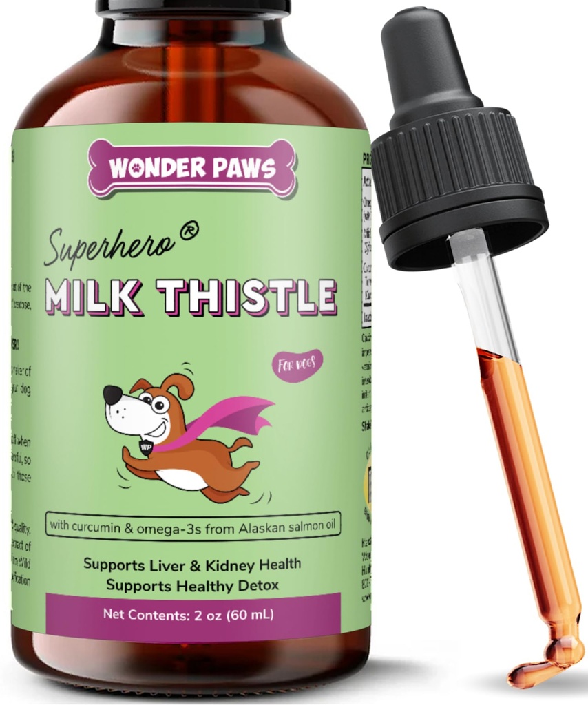 Wonder Paws Milk Thistle, Liver Support for Dogs, Supports Ginjal Fungsi untuk Pets, Detox, Hepatic Dukungan, dengan Wild Alaska Salmon Minyak & Curcumin, Omega 3 EPA & DHA (2 Oz)