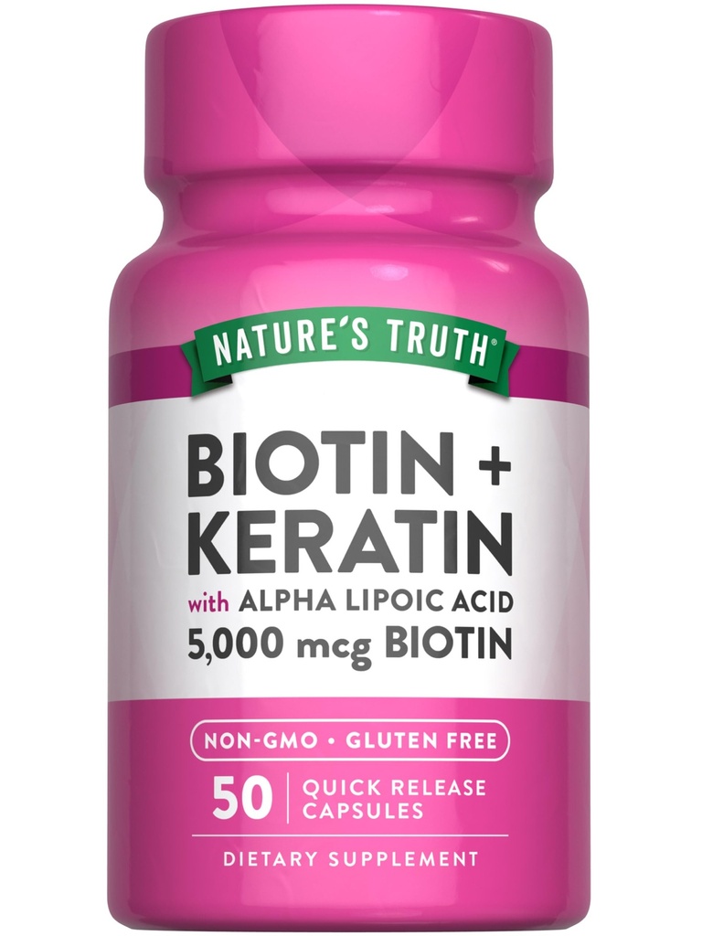 Nature 's Truth Biotin 5000 mcg 124; 50 Capsules 124; dengan Kertin dan Alpha Lipoic Acid 124; Non-GMO & Gluten Free Suplemen