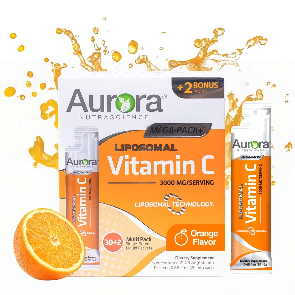 Aurora Nutrascience Lipomal Liquid Vitamin C - Healthy Ammune Supplement for Adults, Sugar Free, 3000 mg per Serving, Vegan, Gluten Free, Non-GMO - 32 Single Serve Packets, Orange