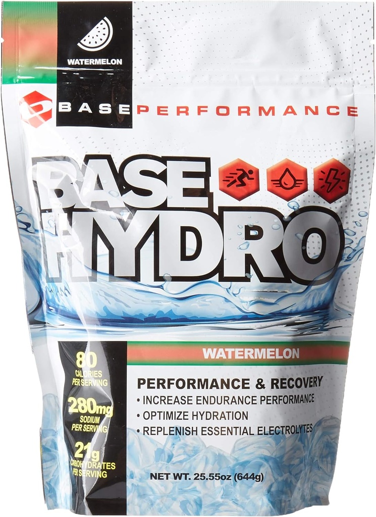 BASE Performance Hydro - Watermelon 124; 28 Hamba Dalam setiap ekologi - Friendly Mylar Bag 124; Campuran Dextrose, Fruktosa, maltodextrin dan Estible Electrolite. (Semangka)