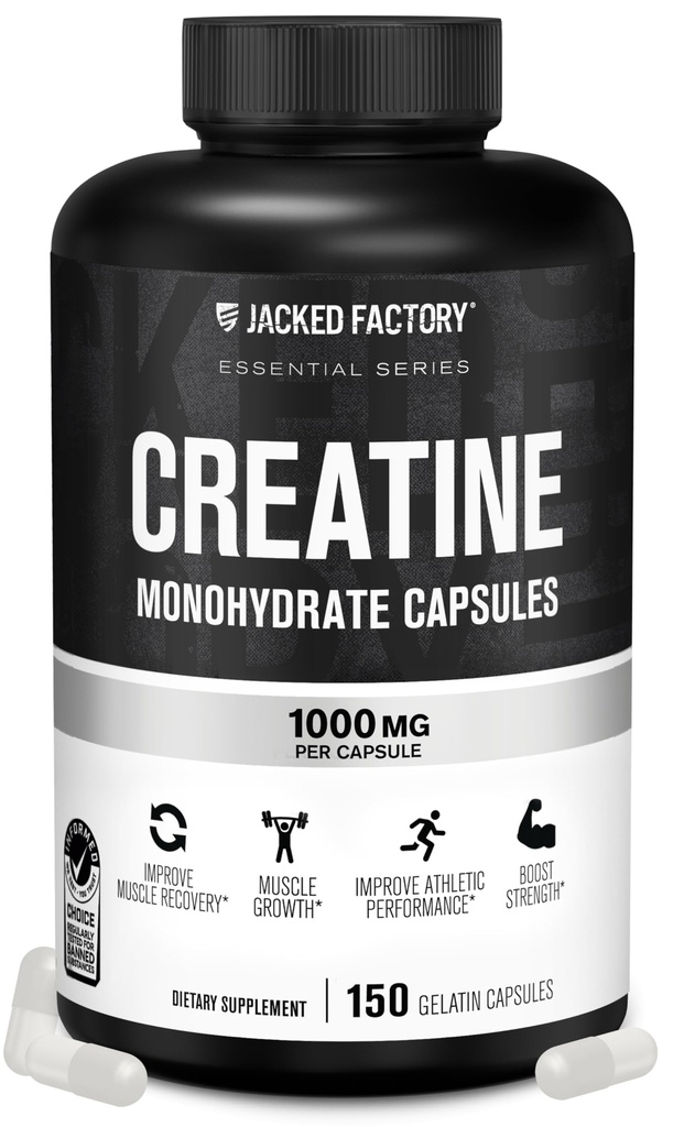 Jacked Factory Creatine Monohydrate Capsules - Creatine Pills for Muscle Growth, Increased Strength, Enhanced Energy Keluaran dan Peningkatan Atletic Performance - 150 Capsules