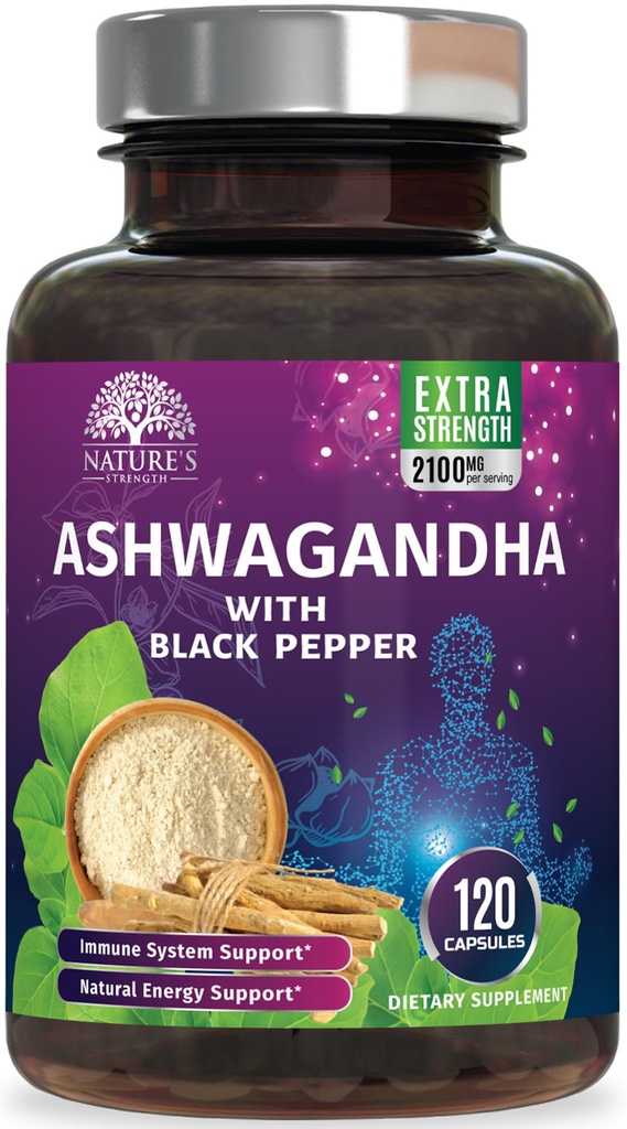 Aswagandha Suplemen 2100mg - Ekstra Kekuatan bubuk Ashwagandha & Root Extract dengan Black Pepper untuk Peledak Max, Suplemen Antioksidant Herbal untuk Perempuan & Men, Vegan, Non- GMO - 120 Capsules