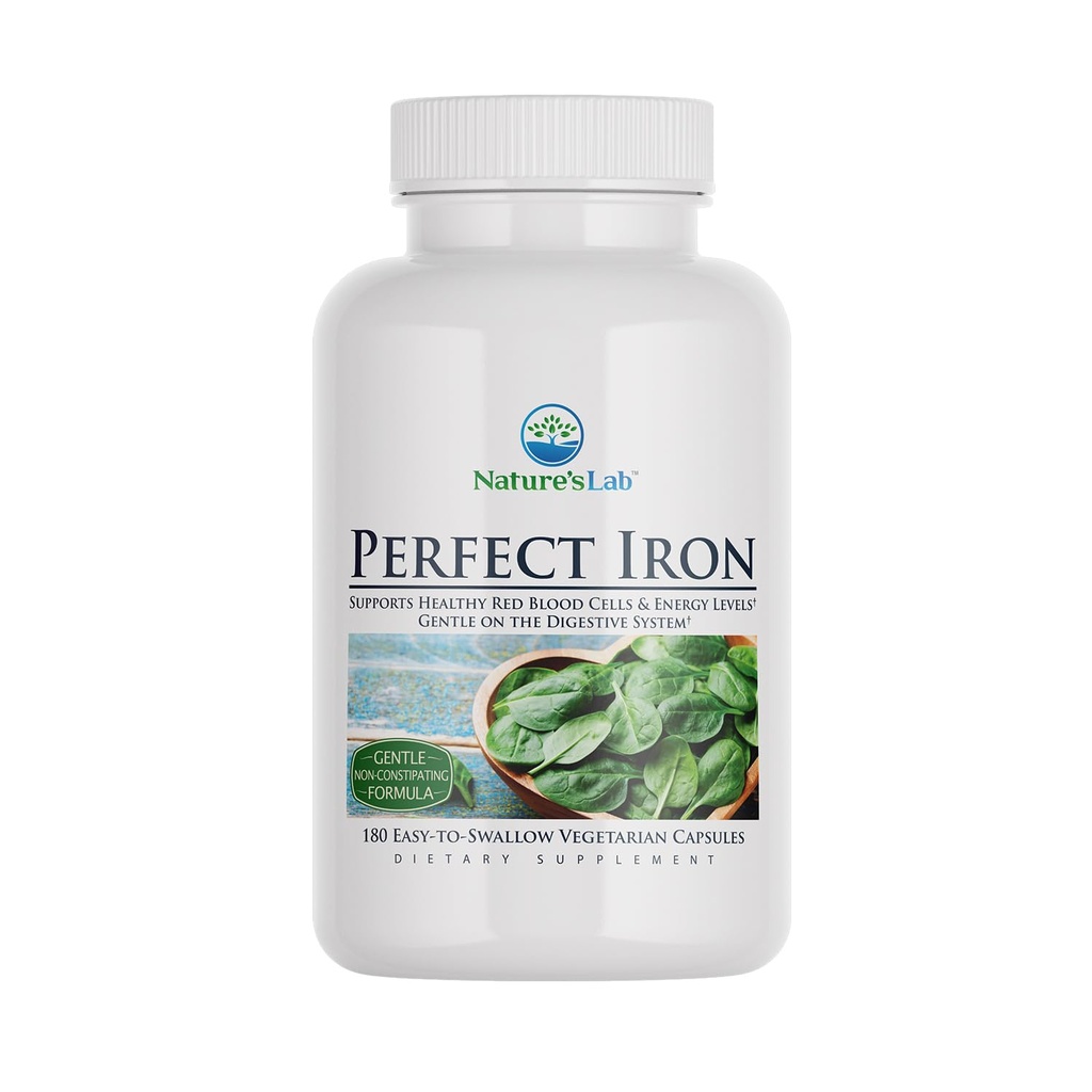 Nature 's Lab Perfect Iron 25mg Dieter Suplement - Gentle Non-Constipating Formula - Supply Red Blood cells & Energy Levels - 180 Capsules (6 Bulan Supply)