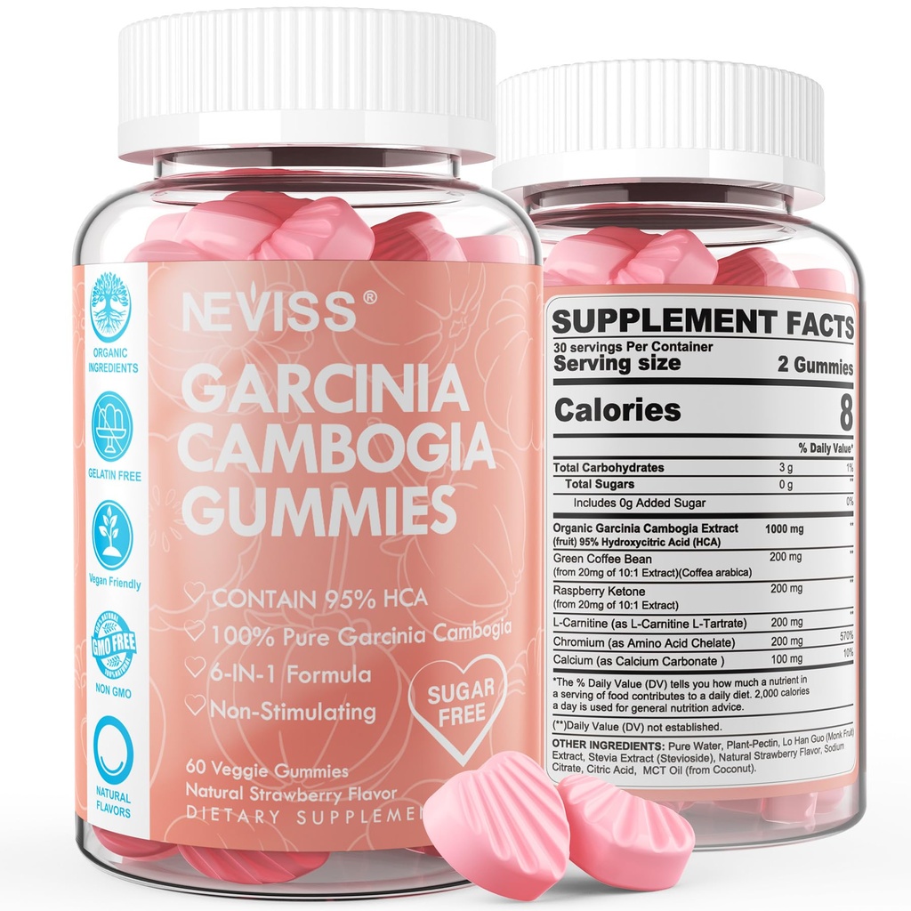 Sugar Free Garcinia Camogia Gummies 1000mg 95% HCA Pure Ekstrak dengan L- Carnitine, Raspberry Ketone, Chromium, Green Coffee Bean untuk Metabolisme, 100% Ekstrak Organik, Vegan, Strawberry Flavor 60