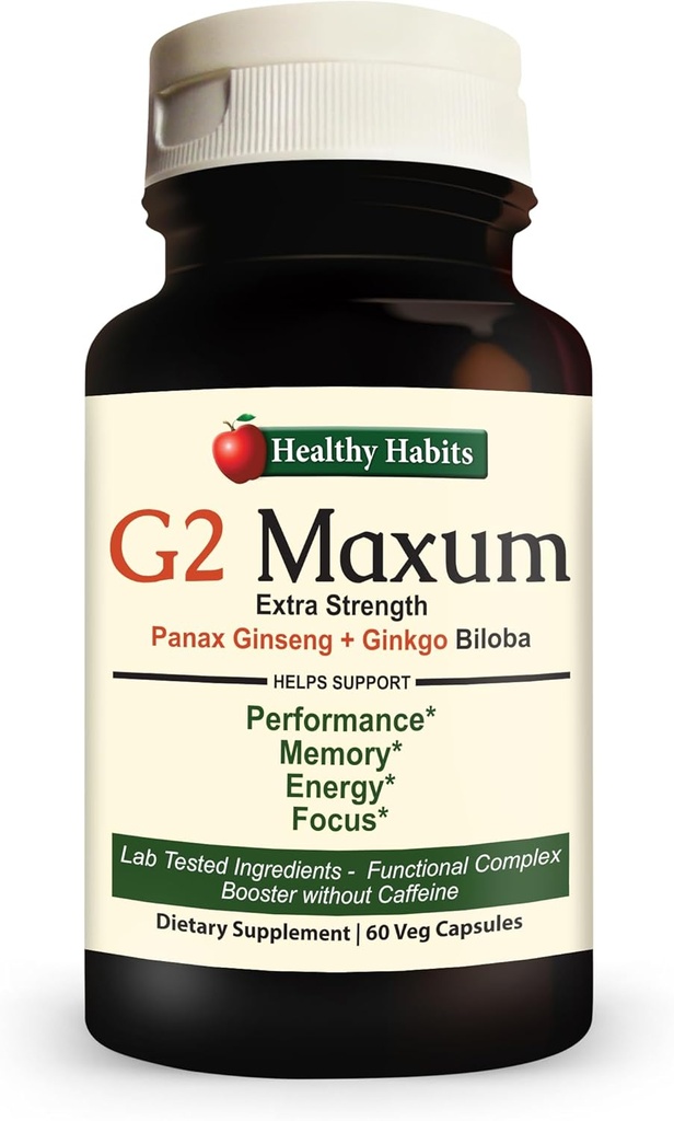 Habit sehat G2 Maxum Ekstra Kekuatan Panax Ginseng Plus Ginkgo Biloba Dicampur untuk Dukungan Energi dan Kognitif Fungsi 60 Veg Capsules per Botol