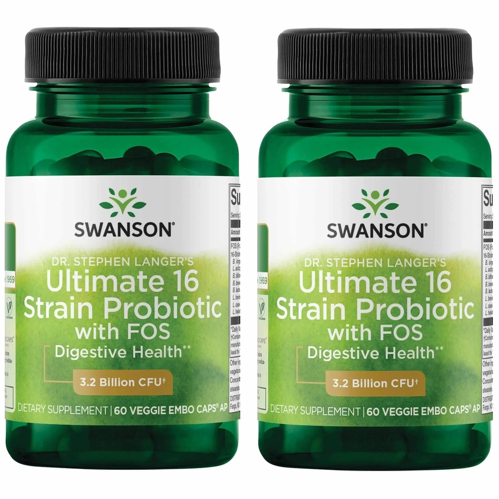 Swanson Dr Stephen Langer Formula - Natural Probiotic w / Prebiotic FOS - 16- Strain Tambahan Dukungan Digetical w / 3.2 Milyar CFU per Capsule - (60 Veggie Capsules) 2 Pack