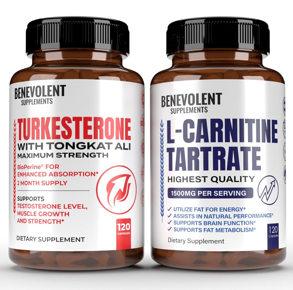 Turkesteron 8000 mg + Premium L- Carnitine Tartrat Suplemen - Suplemen Absorpsi Tinggi dengan Tongkat Ali - Meningkatkan Stamina, Perkembangan Otot Lean, Dukung Metabolisme & Natural Ener