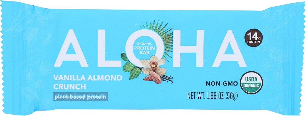 Aloha Organic Vanilla Almond Crunch Protein Bars, 14g Plant-Based Protein, USDA Sertifikasi Organik, Gluten Free & Non-GMO, 1.9 Oz (Paket 12)