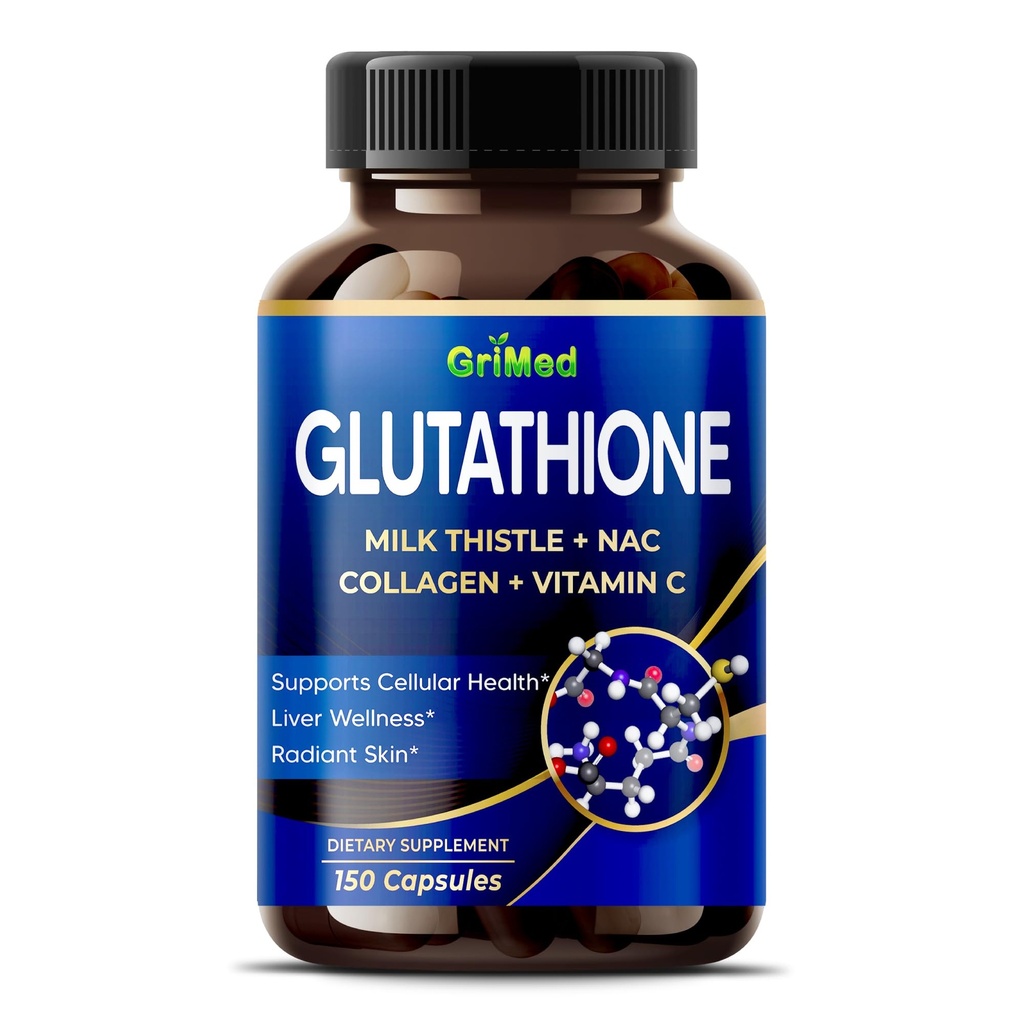 Grimmed Glutathione 11.200mg - X10 Power with Milk Thistle, NAC, Collagen, Vitamin C - Cellular Wellness, Radiant Skin - USA Made & Tested (150 Count (Paket 1)