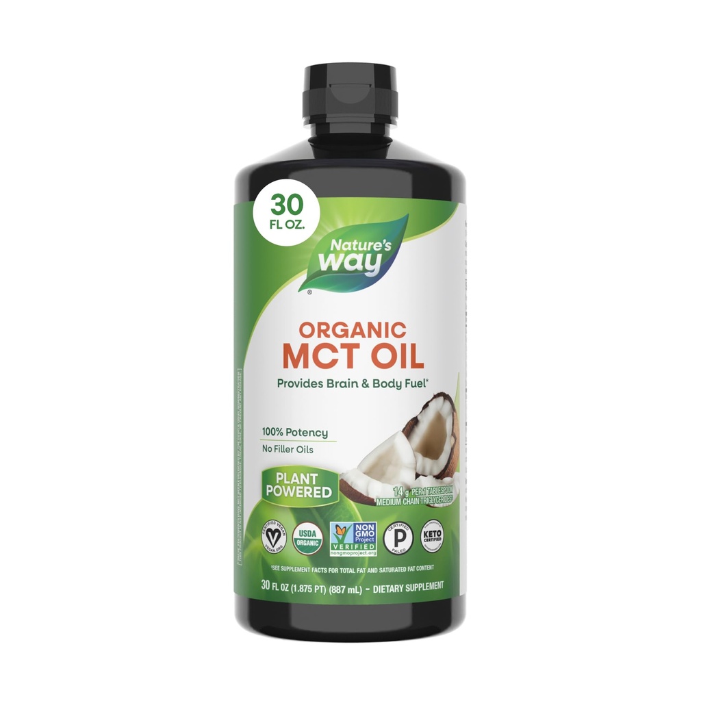 Nature 's Way Organic MCT Oil, 30 Fl Oz, Otak dan Body Fuel from Coconuts *, C8 Caprylic Acid dan C10 Capric Acid, Keto dan Paleo Certifikasi, Organik, Proyek Non-GMO Diverifikasi
