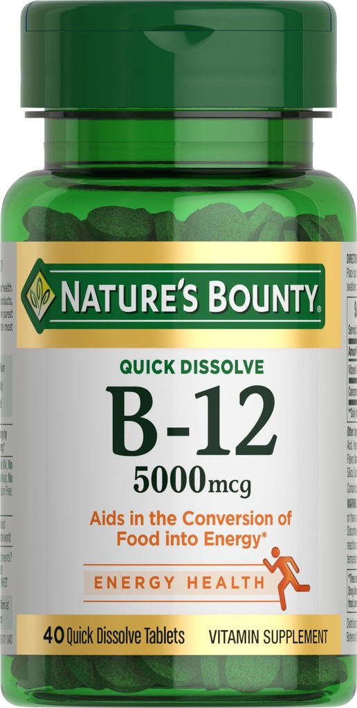 Nature 's Bounty Vitamin B12, Support Energy Metabolism and Nervous System Health, 5000mcg, 40 Quick Dissolve tablet