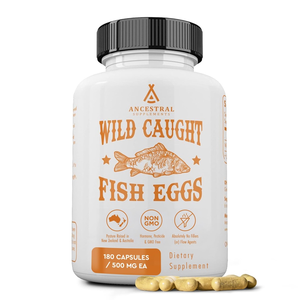Suplemen Ancestral Wild Caught Fish Eggs, 2400mg, Omega-3 Support Brain, Heart, Fertility and Inflamatory Health, Whole Food Source of Vitamin D, K2, and A, Non-GMO, 180 Capsules