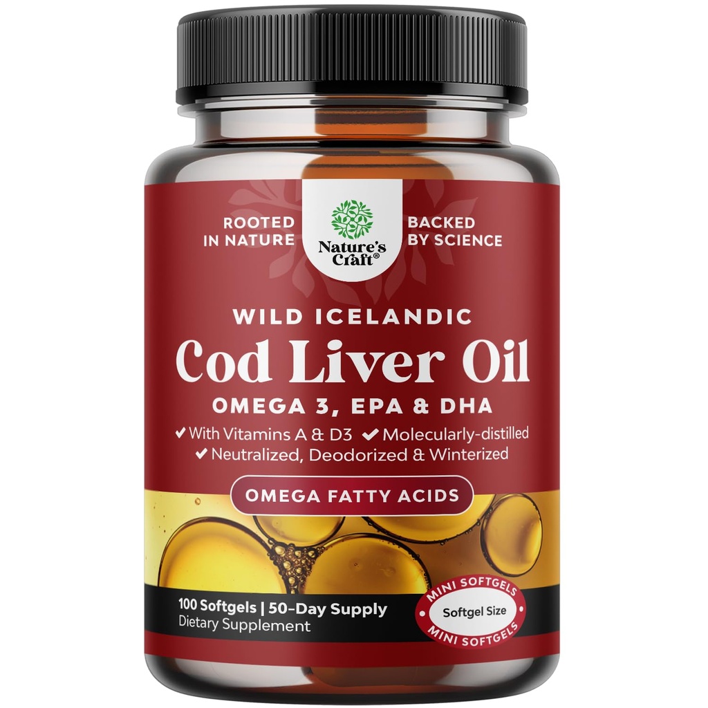 Islandia Wild Caught Cod Liver Softgels - Fish Omega 3, EPA, DHA, Vitamin D & A, 100mg Per Serving - Burpless Capsules for Heart, Gabungan, Brain & Imune Dukungan - 100 Count