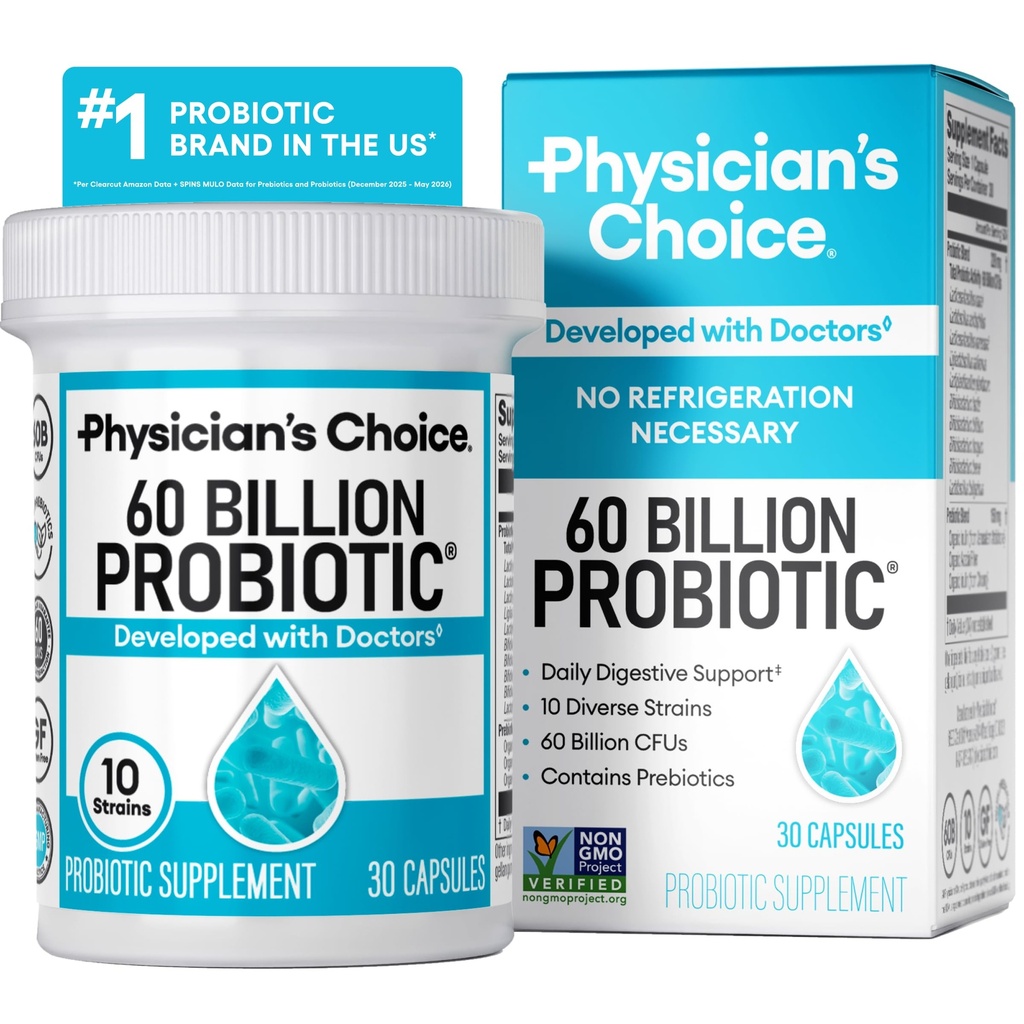 Physician 's Choice Progration 60 Billion CFU - 10 Strains + Organic Pregities - Ammune, Digetical & Gut Health - Pasokan Konstilasi Occasional, Diare, Gas & Bloating - for Women & Men - 30ct