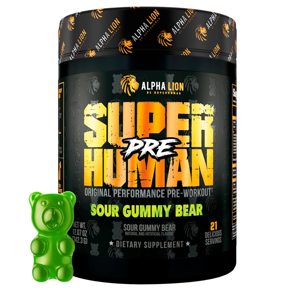 ALPHA LION Superhuman Pre Workout Powder, Beta Alanine, L-Taurine & Tri-Soursource Caffeine untuk Kafein Energi & Fokus, Nitric Oxide & Citrulline untuk Pompa (21 Servings Beruang Sour Gummy)