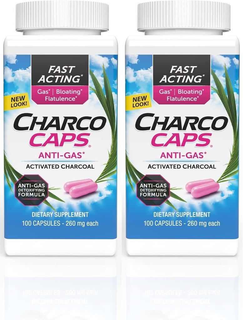 Charcocaps Fast Acting Gas Relief for Bloating & Flatulence, Drug Free Detoxifying Activated Arang Formula, 100 Capsules, 30 Day Supply, Pink- Paket 2
