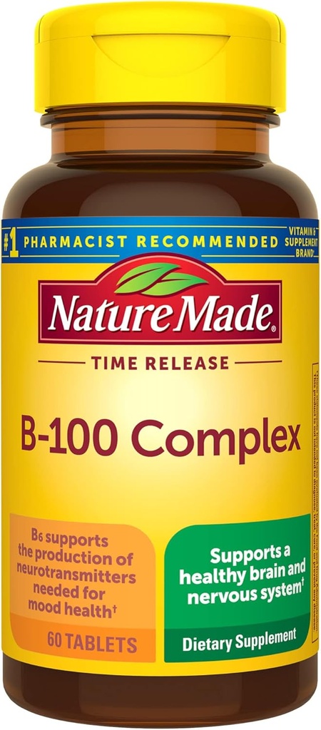 Nature Made Time Rilis Vitamin B-100 High Potency B Kompleks, Dietary System Fungsi Dukungan, 60 Time Rilis Tablet, Supply 60 Hari