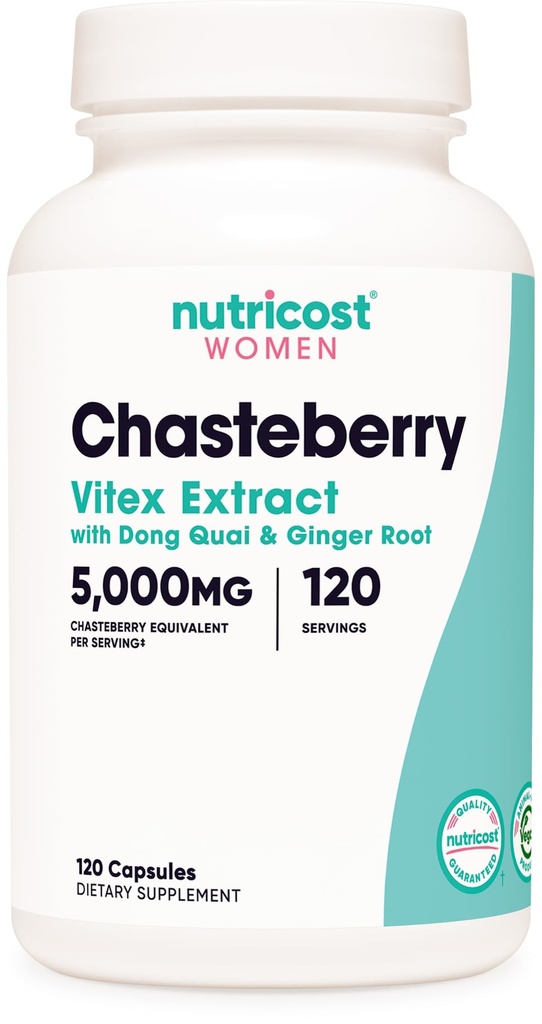 Nutricost Chasteberry Suplement for Women 120 Capsules, 5000mg Equalovalen Per Serving (dari 500mg of 10: 1 Extract), dengan Dong Quai & Ginger Root Extract, Vegetarian, Gluten Free & Nun-GMO