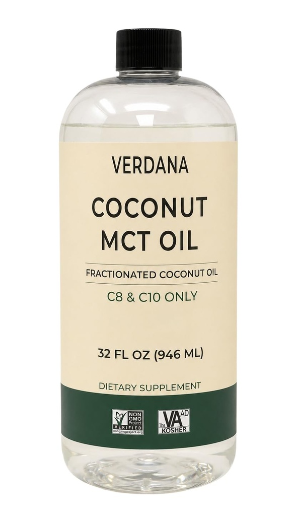 Verdana Food Grade MCT Oil 32 oz - untuk Keto Coffee, Unflagranted Natural Oil Pulling & Massage - 100% Coconut Drationated Oil - Medium Chain Trigliserides C8 - Non-GMO, Kosher