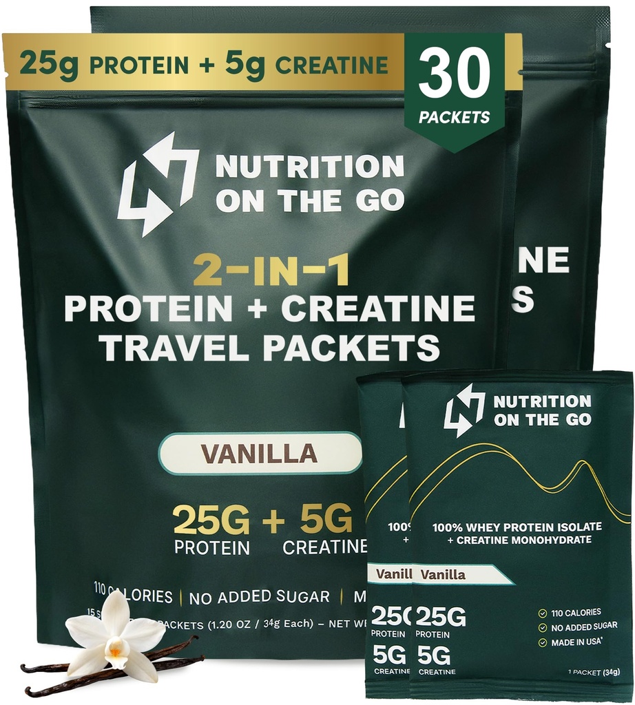 Nutrition On The Go Whey Protein Isolat Paket dengan Creatine - 25g Protein + 5g Creatine - Single - Serve Travel Protein Powin - Vanilla (30- Pack)