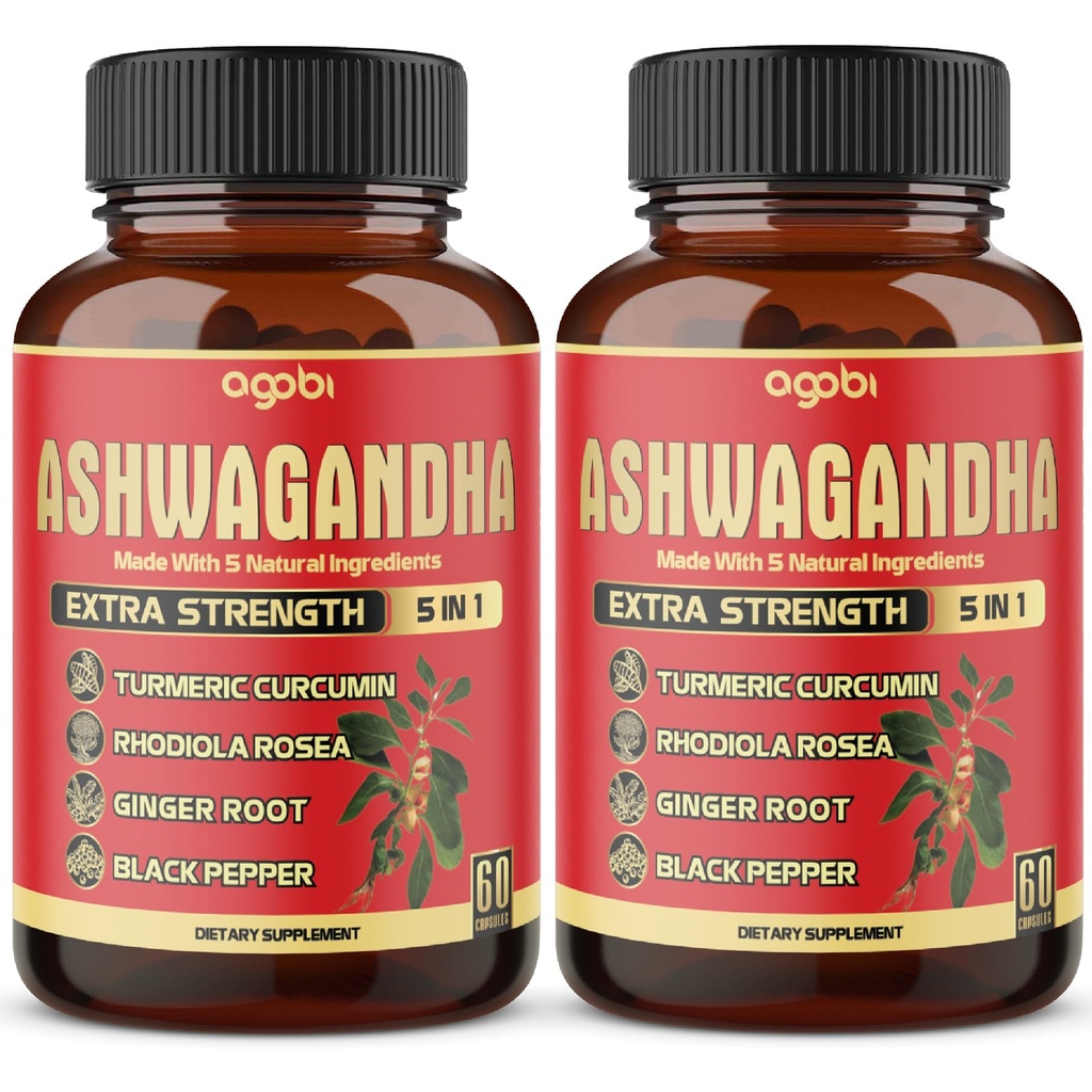 2 Packs - 60 Capsules Ashwagandha Capsules - Tinggi konsentrasi - 5in1 Formula Ashwagandha, Turmeric, Rhodiola Rosea, Ginger, Black Pepper - 4 Pasokan Bulan