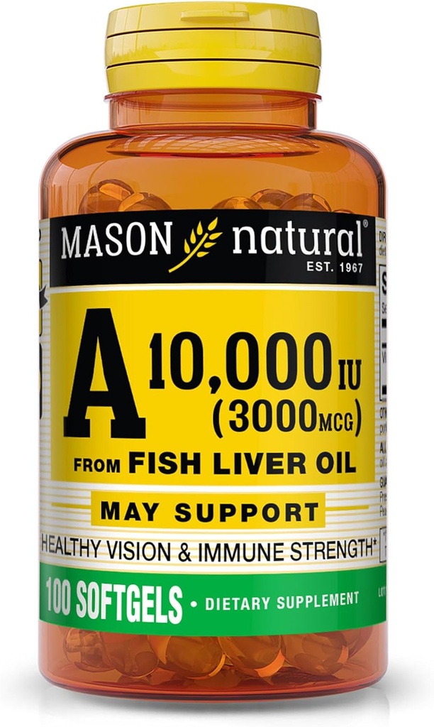 MASON NATURAL Vitamin A 3.000 mcg (10.000 IU) dari Fish Liver Oil, Supports Vision & Immune Health, 100 Softgeels