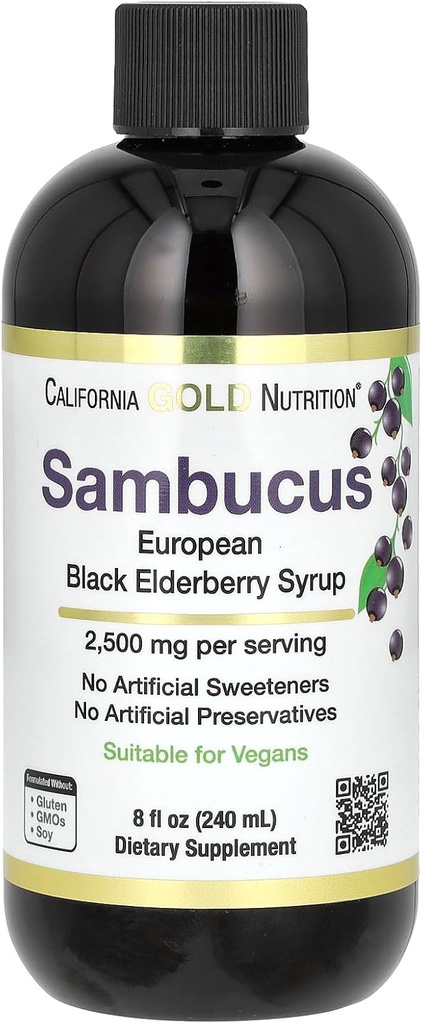 California Gold Nutrition Elderberry Syrup, Black Elderberry (Sambucus nigra) Juice Concentrate, Seasonal Ammune Support, No Articial Preservations or Sweeteners, 2500 mg, 8 flf oz (240 ml)