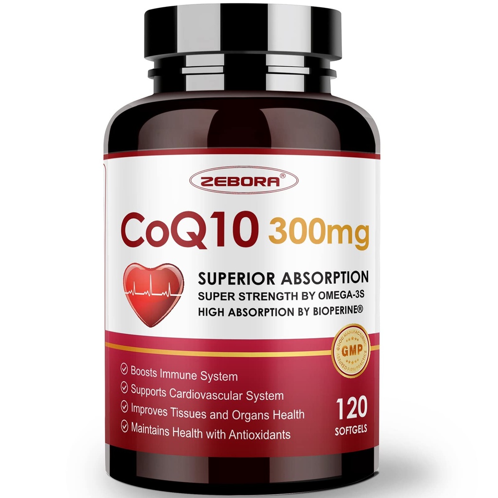 ZEBORA CoQ10- 300mm-Softgels dengan PQQ, BioPerine & OMAG-3, 120 Servings Coenzim Q10 (Ubiquinone) Persediaan untuk High- Absorpsi, Powerful- Antioksidant, Dukungan Kesehatan & Energi