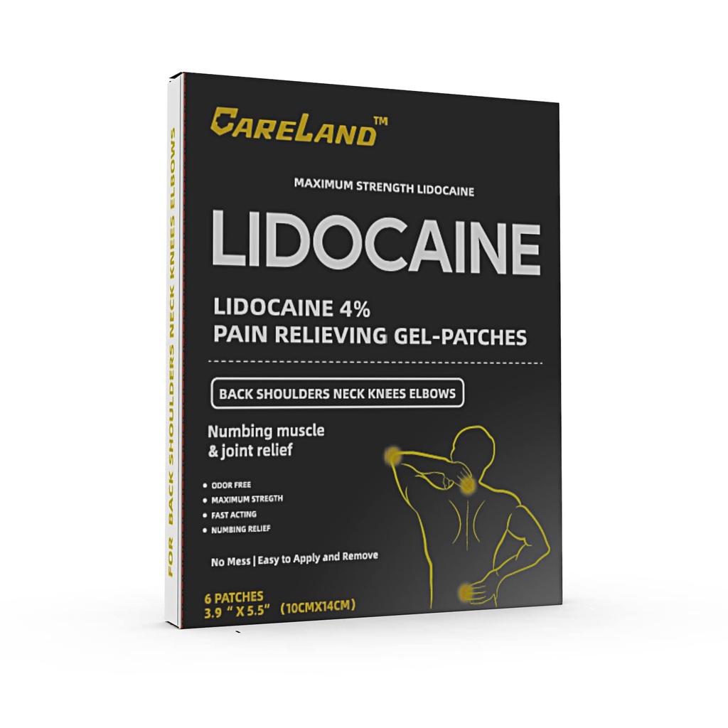 CARELAND 4% Lidocaine Gel Patch, 6 Count 124; Maximum Power Pain Patches for Muscle Relief in Neck Knee Back dan Shoulders 124; Unscented Nuturing Patch for Soothing Nerves, Joints