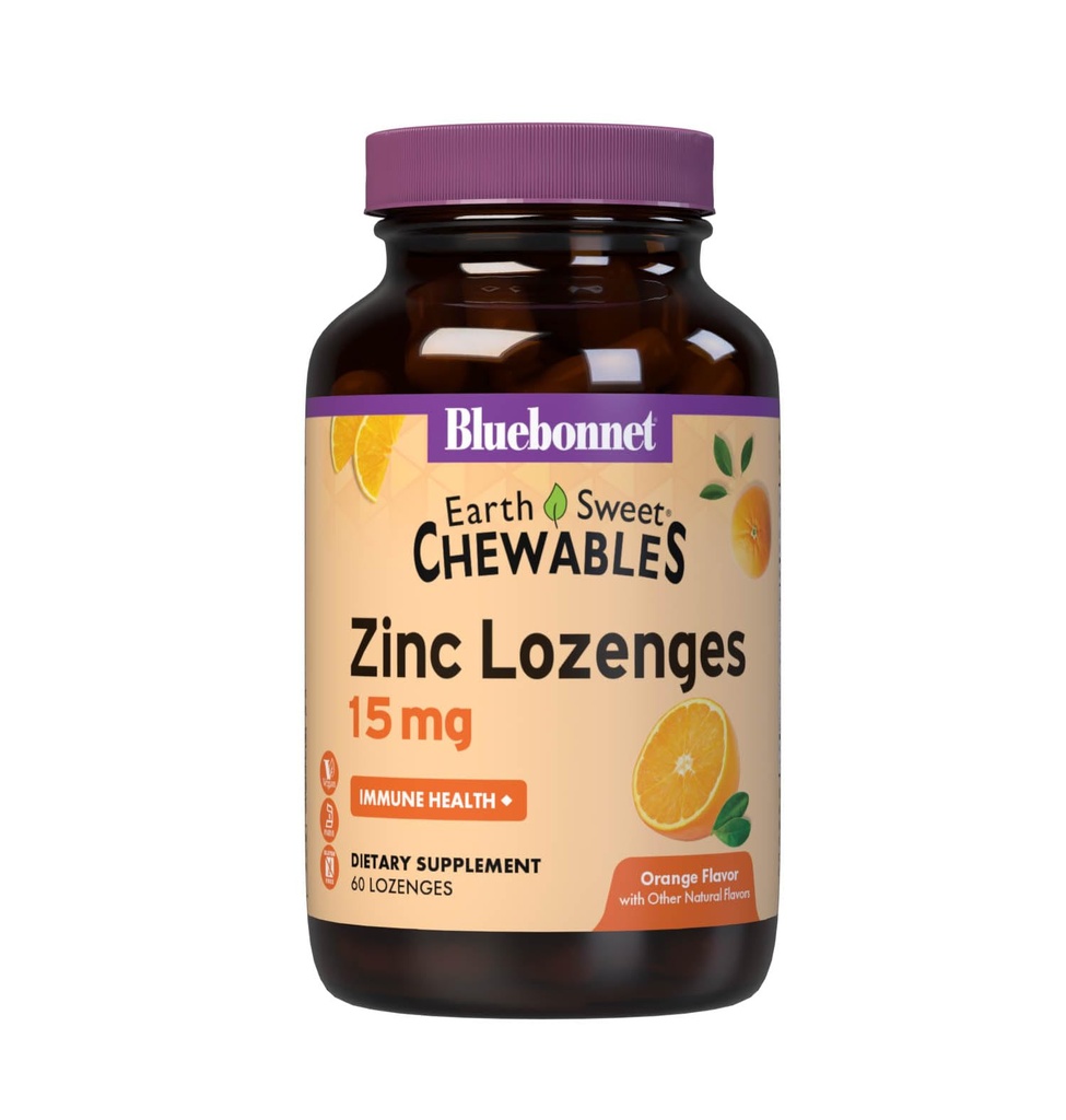 Bluebonnet Nutrition Earthsweet Zinc Lozenges 15mg Chewables, Plus 100mg of Vitamin C, Soy- Free, Gluten- Free, Kosher Cerdened, Dairy-Free, Vegan, Orange Flavored, 60 Lozenges