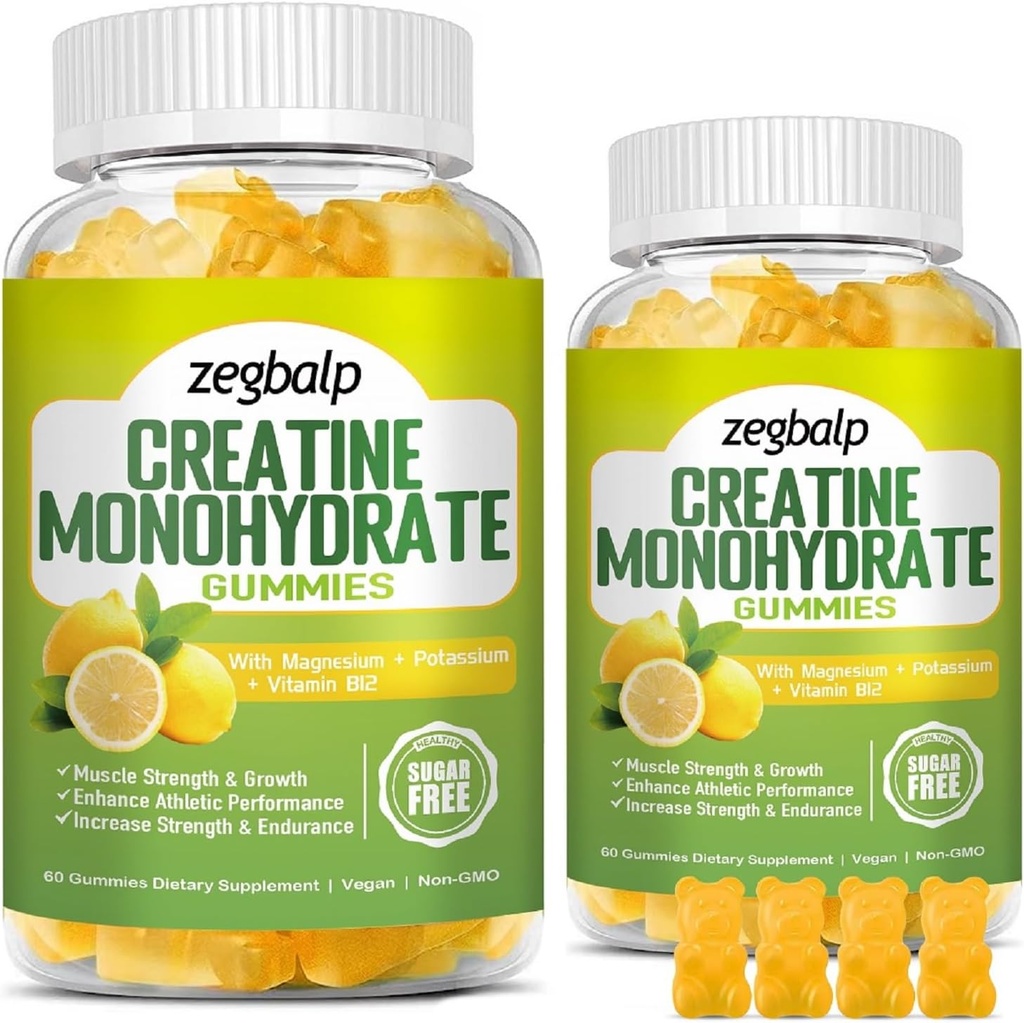 Sugar Free Creatine Monohydrate Supplement Gummies for Men & Women Creatine Monohydrate with Magnesium B12 For Muscle Strength, Energy Boost, Pre- Workout Supplication, 120 Counts