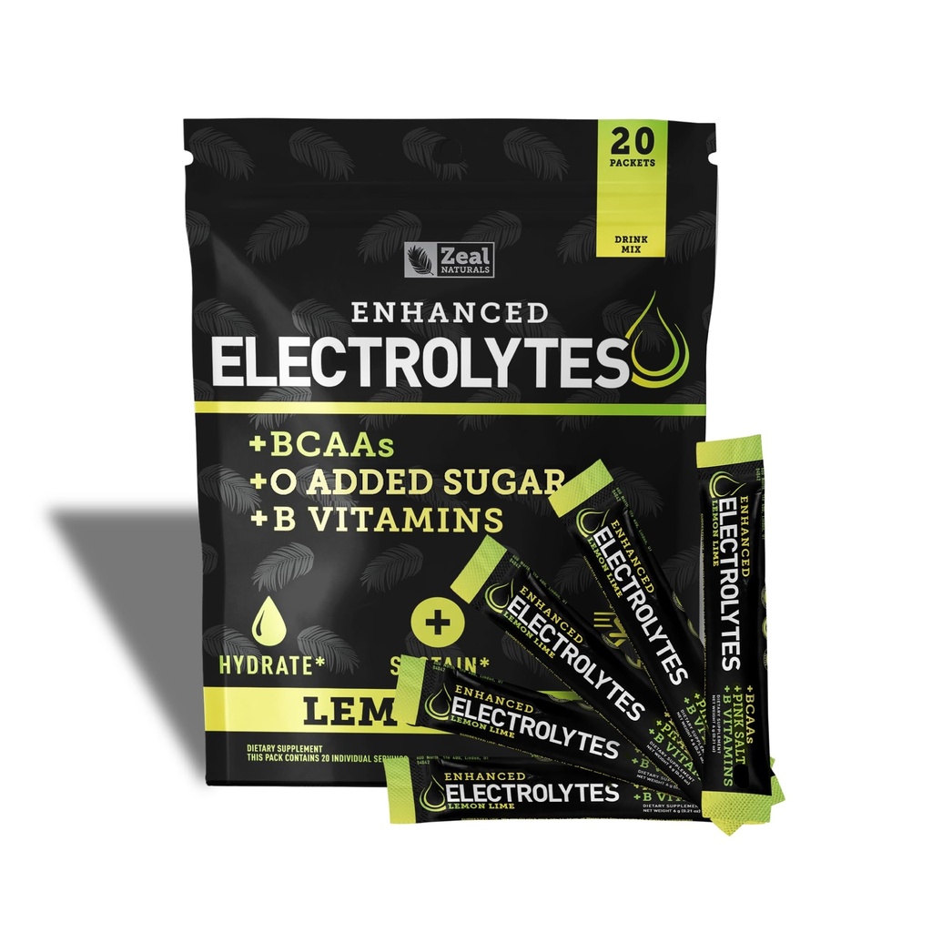 Enhanced Electrolite Powder Stick Packs (Lemon Lime 12.4; 20 Paket) w / 0 Sugar + BCAAs + B-Vitamin Electrolite Supplemen w Potemary Zinc & Magnesium for Hydration - Keto Electrolytes