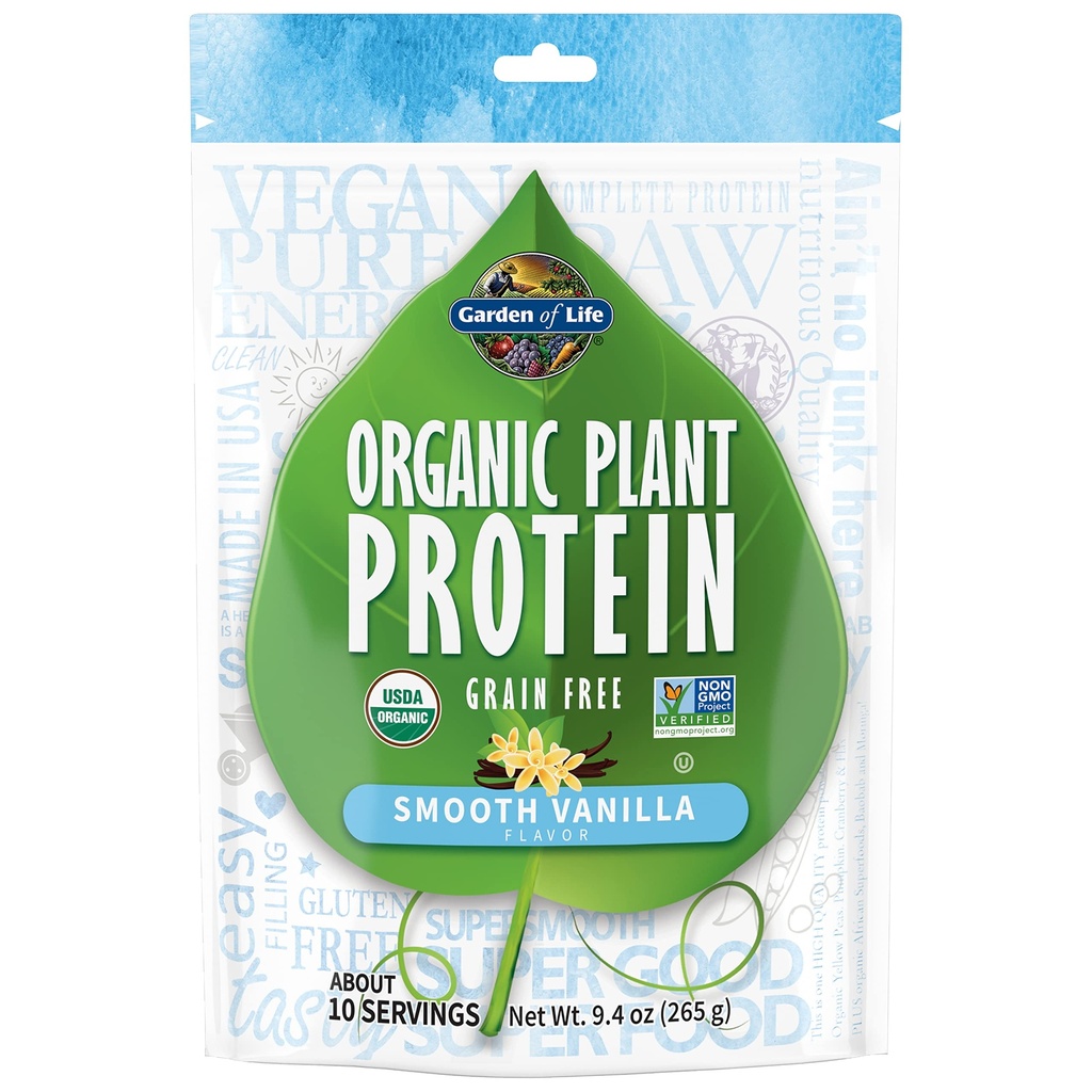 Garden of Life Organic Plant Protein Smooth Vanilla Powder, 10 Serbuk Vanila - Vegan, Grain Free Plant Bebas Gluten Based Shake dengan 1 Milyar Provinsi CFU & Enzymes, 15g Protein