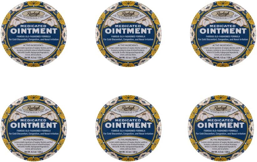 Rawleigh Medicated Omeal: 4.5 oz Blue Tin, Topical Chest Gosok untuk Cold, Nasal Contraffic, Minor Aches and Pain, dengan Camphor, Menecalyptus, Non-Greasy Formula - Paket 6