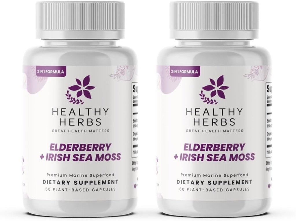 Healthy Herbs Wildmade Elderberry Sea Moss Kapsules 124; 2600mg Irish Sea Moss + Elderberry Essentials Blend 124; US- Dibuat, Vegan, Non- GMO, Easy- Swallow (2- Pack)