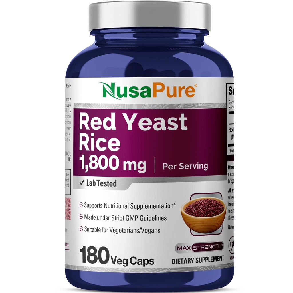 NusaPure Red Yeast Rice 1800mg 180 Veggie Capsules (Non- GMO, Vegan)