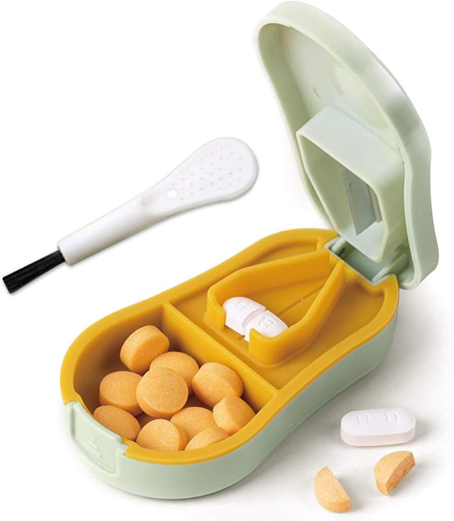 Pill Cutter Splitter for Small and Tiny Pills - Pill Cutter 1 / 4 - Accurtly Cuts Multiple Pills - Easy Open Snap Button. Dilepaskan Nonslip V-Shaped Pad. Penyimpanan Belakang (Cyan)