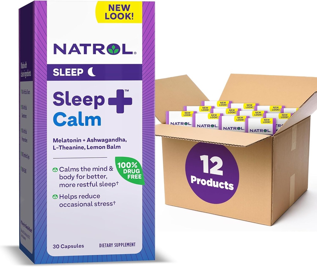 Natrol Sleep + Calm Melonatin 6mg Dengan Ashwagandha, L-Theanine dan Lemon Balm, Tambahan Dietary Untuk Tidur Berbekal dan Tenangkan Pikiran, 30 Kasules, Persediaan 30 Hari (Paket 12)