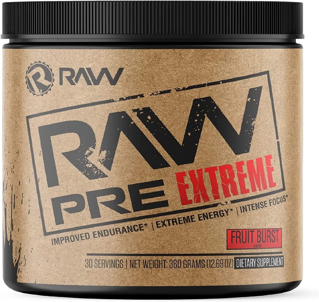 RAW Pretraining Ekstrim 124; Tinggi Stimulant Powder Pretraining Minuman, Extreme Energy, Fokus dan Endurance Booster 124; Kekuatan dan Pompa Peledak Selama Max Gains 124; Fruit Burst (30 Pelayan)