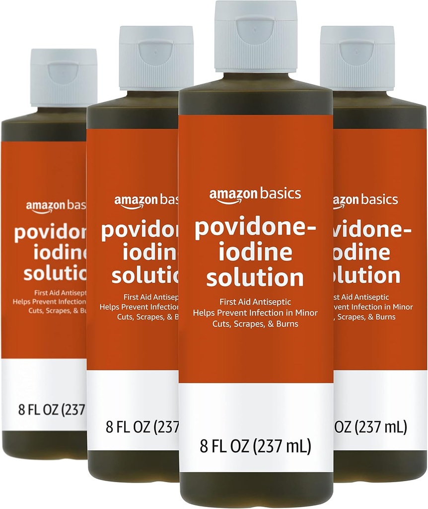 Antiseptik Bantuan Pertama Basics, 10% Solusi Iodin Povidone, 8 Fl Oz, Kemasan 4